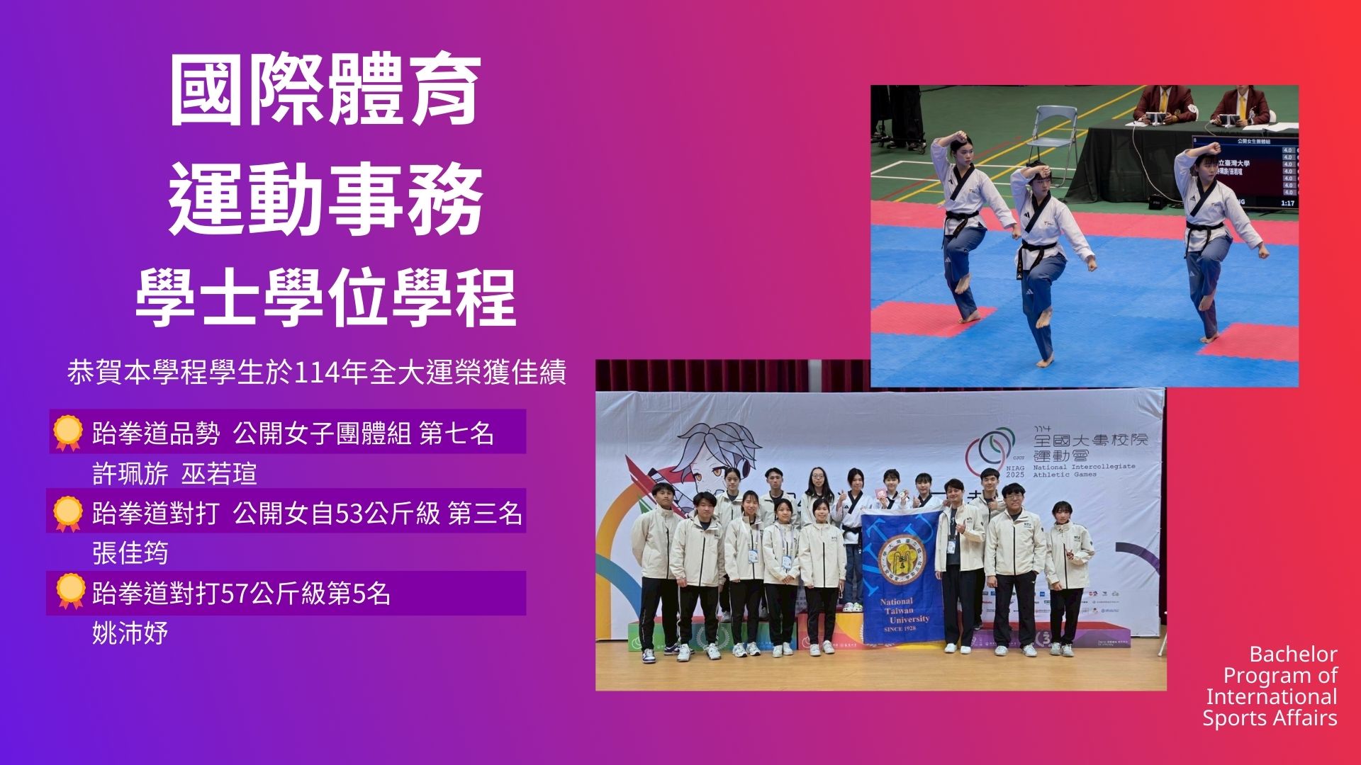 恭賀本學程學生於114學年度全大運榮獲佳績